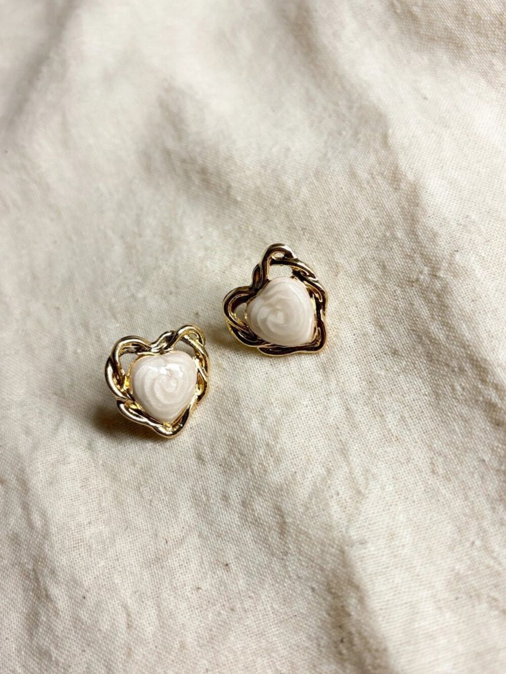 Heart Stud Earrings — White Heart with Gold Twisted Frame